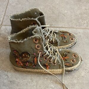 Wild Diva Olive Embroidered Lace Up Boots